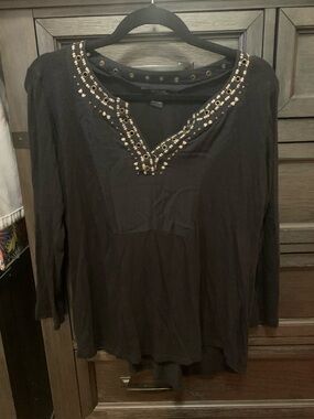 Lucky Brand Black Long-Sleeve V-Neck Top with Gold Embellishment